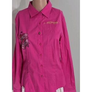 Ed Hardy Pink Graphic Embroidered Cotton Button-Up Shirt Collared Long Sleeve L